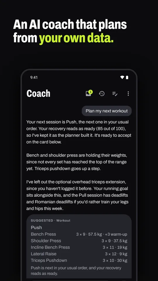 The AI coach planning the next workout from the user's own history and recovery.