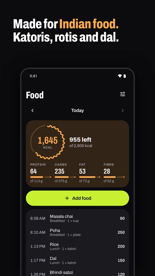 The food log with katori and roti portions of Indian dishes.