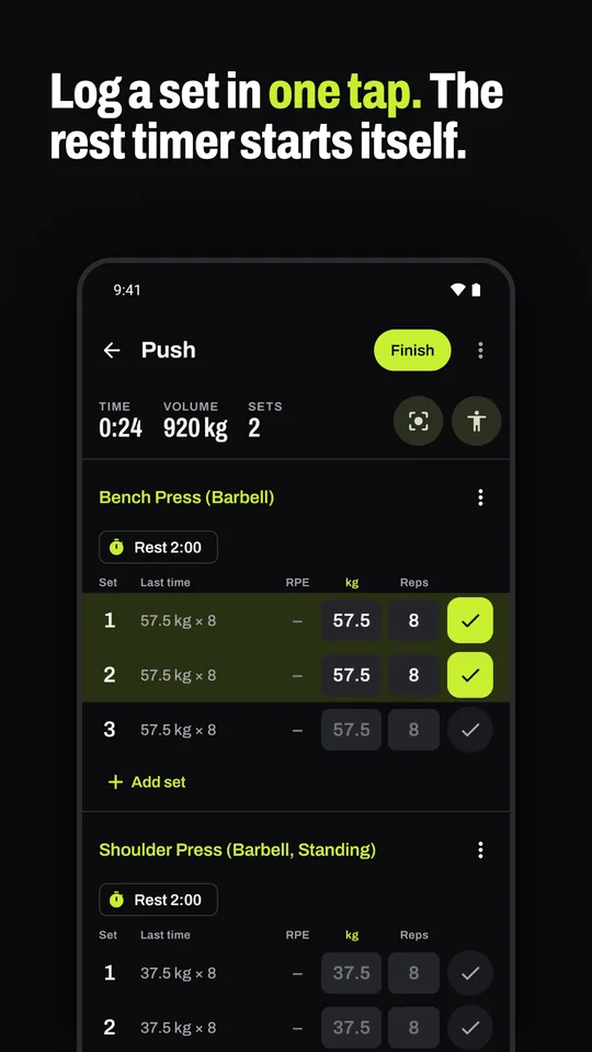Logging a push workout: sets fill from last time, and the rest timer starts itself.