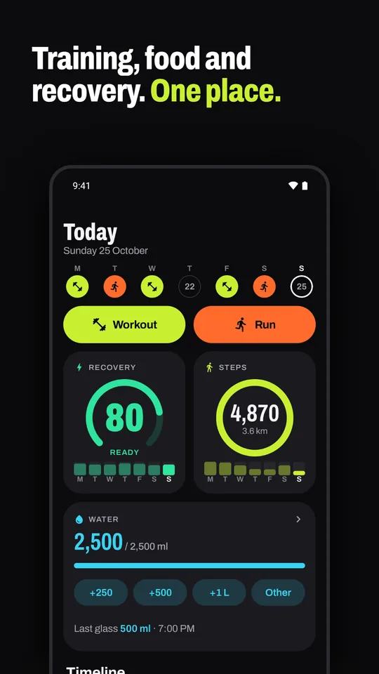 Coach's today screen: recovery score, steps and water in one place.