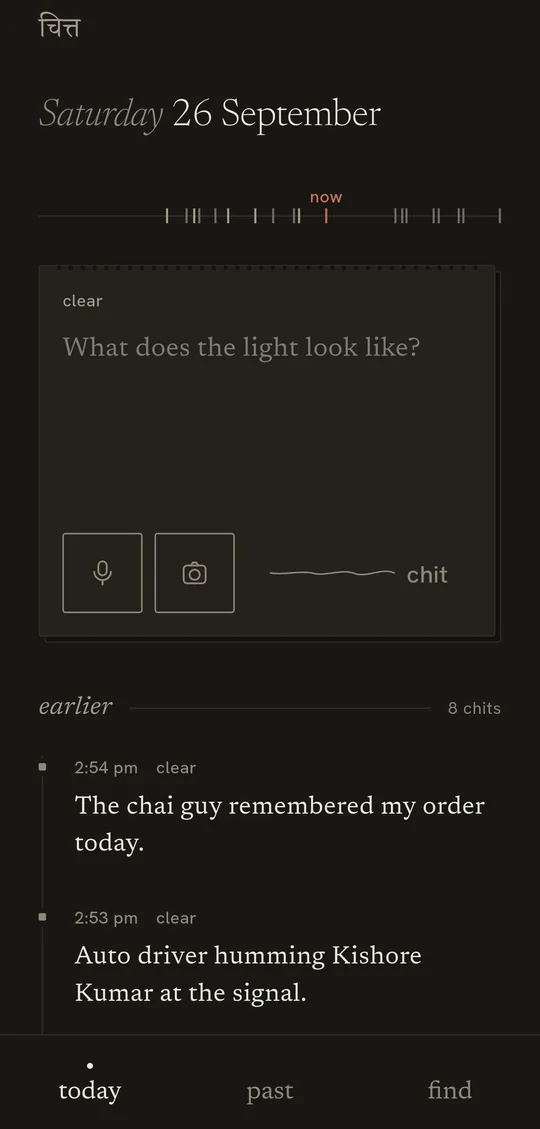 Chitt's today screen: a writing prompt that asks what the light looks like, above the day's earlier chits.