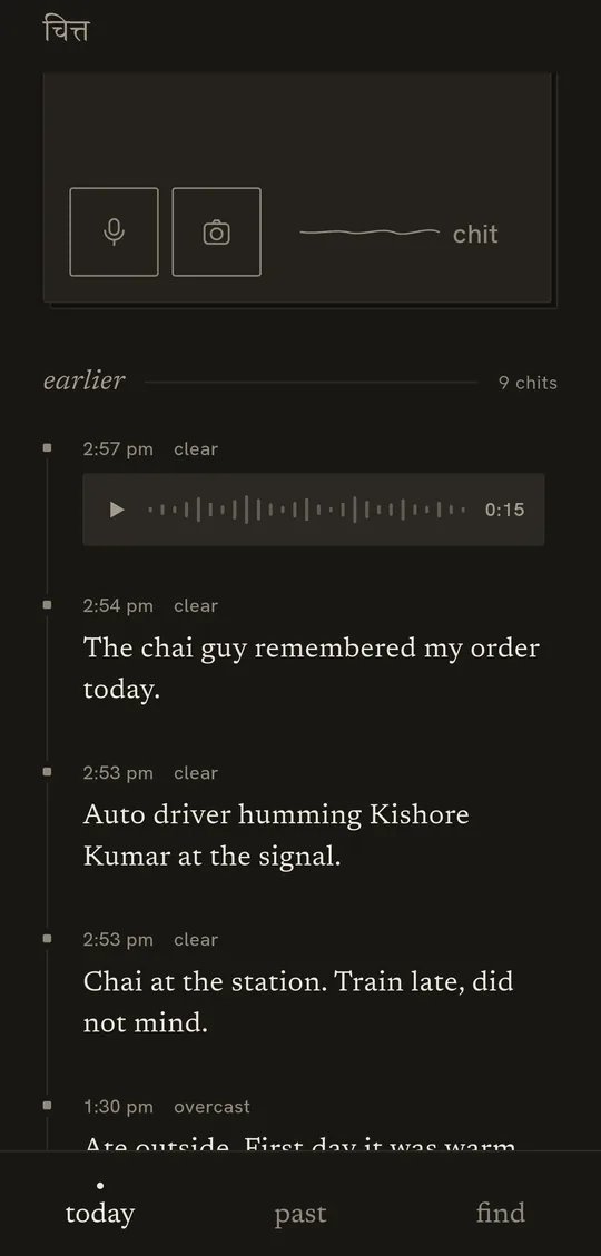 A day's thread in Chitt, with a voice note kept as a recording between written chits.